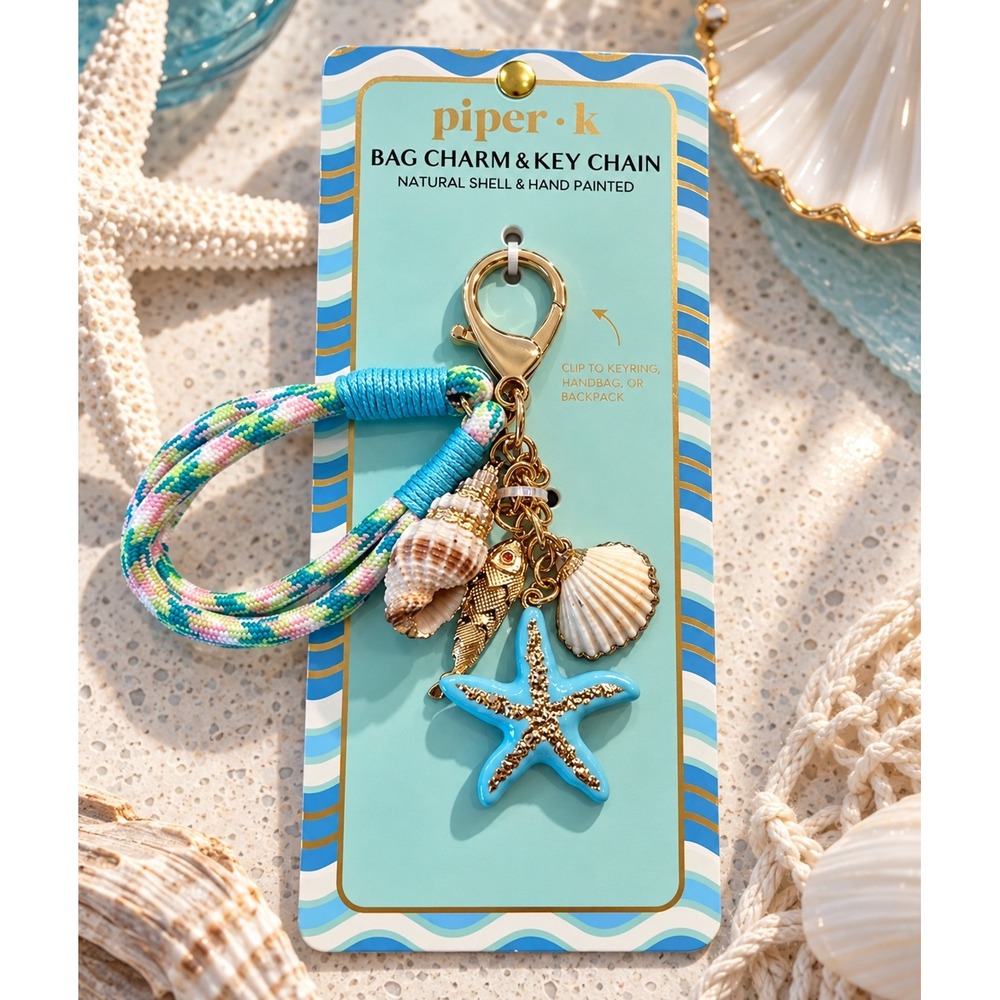 Piper K Bag Charm Key Chain Natural Shell Hand Painted Starfish Coastal Blue